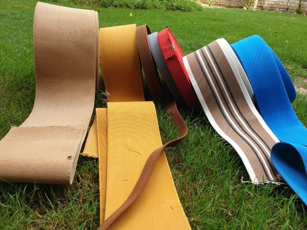 Wide loom elastic in beige, mustard, brown, grey, red, striped and blue made by Lion Grip Lahore
